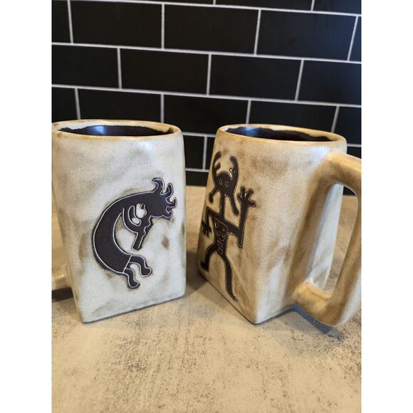 Mara Stoneware Mugs Set of 2 Kokopelli & Warrior Traditional 12 oz. Square Base - Picture 5 of 10